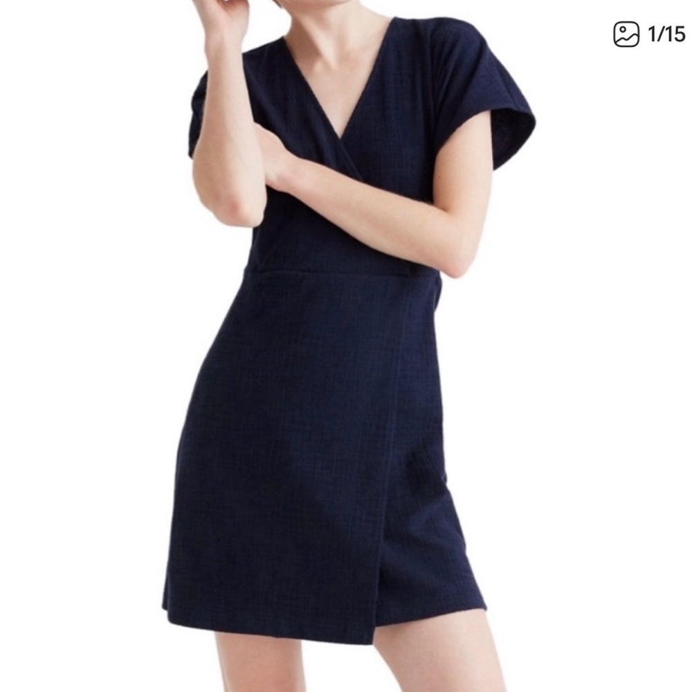 Madewell Navy Short Sleeve Flutter V-Neck Mini Wrap Dress